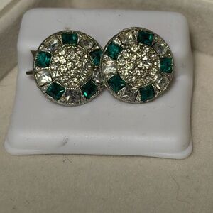Vintage Green Rhinestone Clip-On Earrings Silver Tone Round Statement